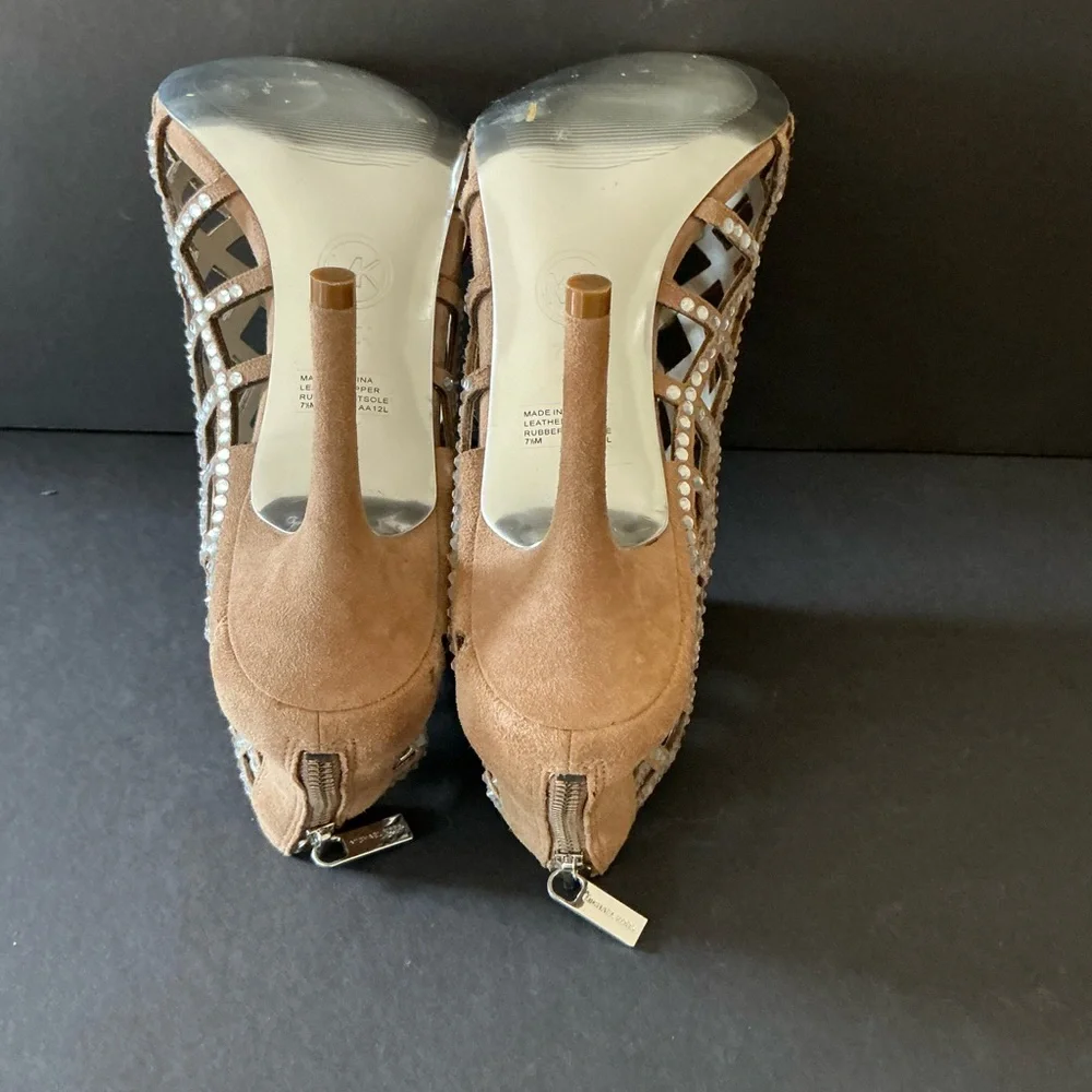 Michael Kors beige suede rhinestone Yvonne caged sandals 7.5